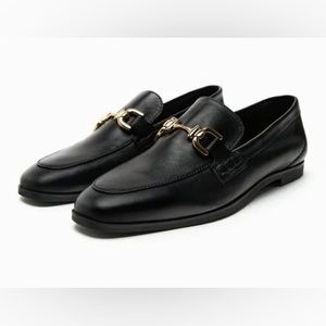 Zara Black Loafers with Gold Buckle